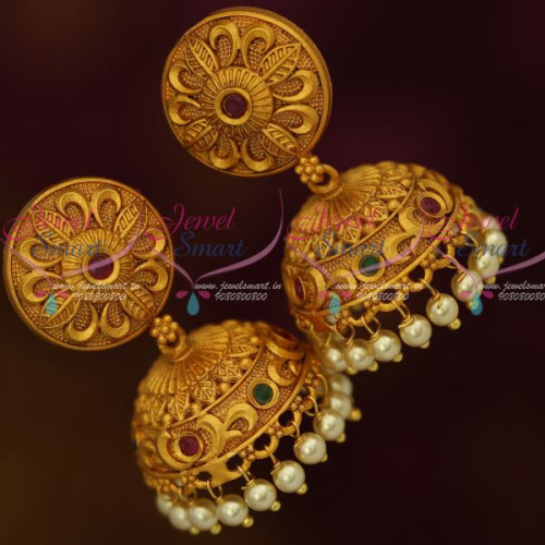 J12613 Floral Design Matte Copper Tone Gold Red Green Stones Jhumka Earrings Latest Jewellery Online