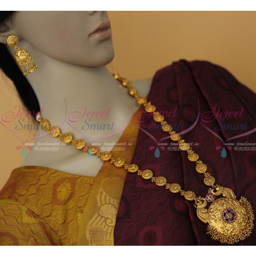 NL12462R South Indian Jewelelry Round Peacock Chain Floral Pendant Red Stones Haram Traditional Collections Online