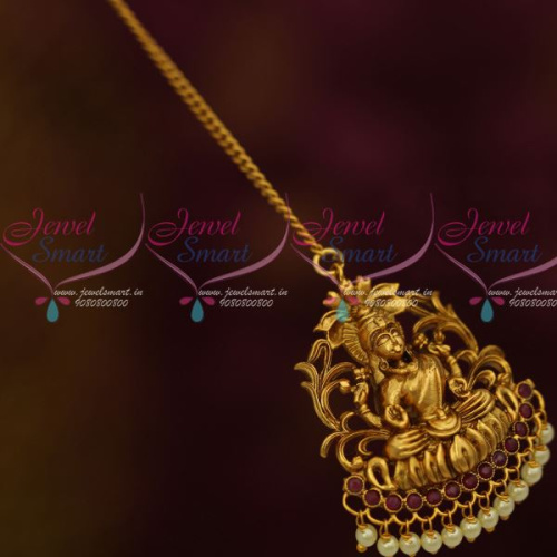 T12608R South Indian Laxmi God Design Jewellery Red Stones Matte Gold Finish Pearl Drops Online