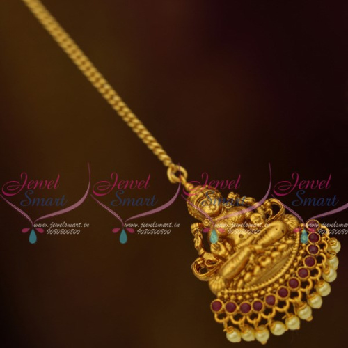 T12490R South Indian Laxmi God Design Jewellery NethiChutti Matte Gold Finish Red Pearl Drops Online
