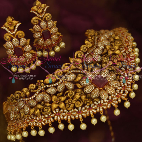NL12826 Latest Designer Jewellery Antique Gold Finish Premium AD Ruby White Semi Precious Stones Choker Necklace 