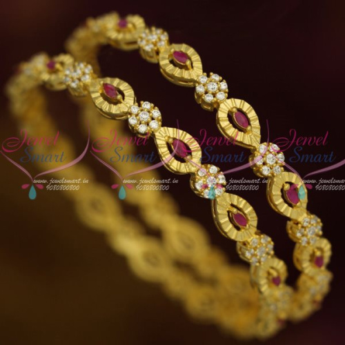 B12737 Light Gold Matte AD Ruby White Fancy Design Bangles Latest Fashion Jewellery