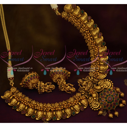 NL12758RG Ruby Emerald Stones Traditional Design Temple Pendant Jhumka Jewellery Shop Online
