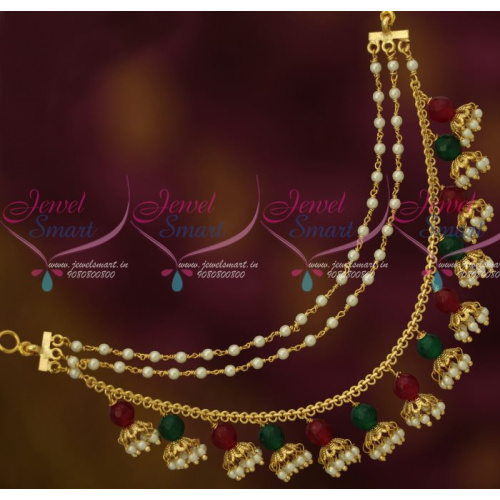 EC12716 Red Green Pearl Earchains Maatil Bead Drops Gold Plated Fashion Jewellery Shop Online