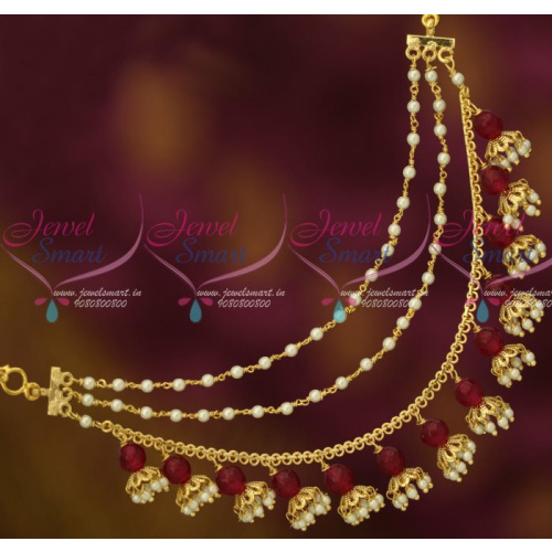 EC12718 Red Color Pearl Earchains Maatil Bead Drops Gold Plated Fashion Jewellery Shop Online