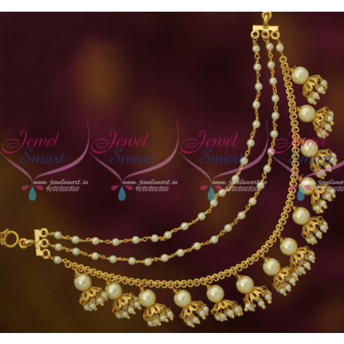 EC12719 White Pearl Earchains Maatil Bead Drops Gold Plated Fashion Jewellery Shop Online