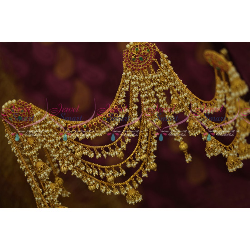 H12712 Bahubaali Movie Style One Gram Hair Jewellery Screwback Earrings Pearl Danglers Big Long Size Continuous Design