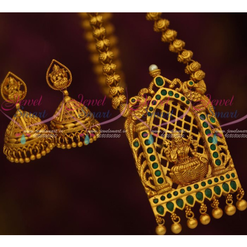 CS12815G Laxmi God Temple Antique Green Matte Finish Jewelry Jhumka Beads Chain