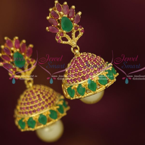 J12677RG Beautiful Look AD Ruby Emerald Sparkling Jewellery Jhumka Earrings Latest Designs Shop Online