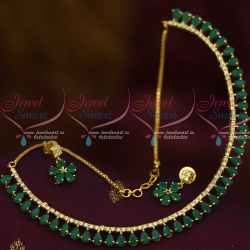 NL12832G Emerald Green Colour AD Stones Thin Delicate Jewellery Set Low Price Shop Online
