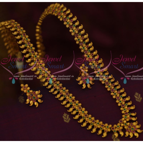NL12810RG Floral Mango Mala Jewellery Haram Red Green Stones Matte Gold Plated Flexible Designs