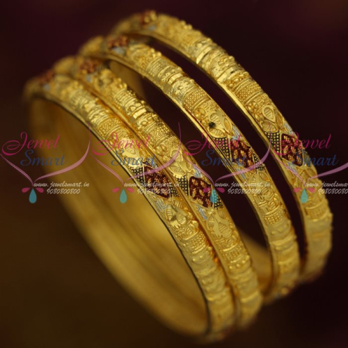 B12723 Gold Plated 4 Pieces Set Enamel Traditional Hollow Design Bangles Shop Online