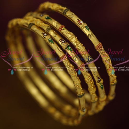 B12724 Gold Plated 4 Pieces Set Thin Design Enamel Traditional Bangles Shop Online