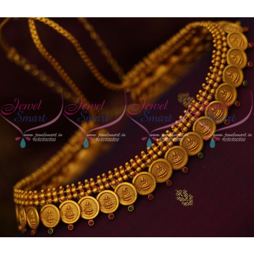 H12647 South Indian Jewellery Temple Coin Laxmi God Embossed Design Matte Gold Finish Vaddanam Online