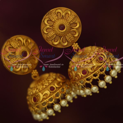 J12613R Floral Design Matte Copper Tone Gold Red Stones Jhumka Earrings Latest Jewellery Online