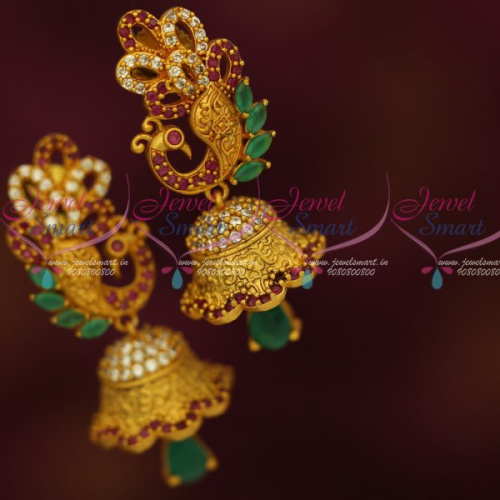 J12664M Matte Gold Reddish Colour Stylish AD Multi Colour Jhumka Earrings Latest Jewellery Online