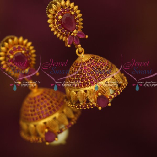 J12665R Antique Reddish Gold AD Ruby Stones Jhumki Earrings Latest Collections Shop Online