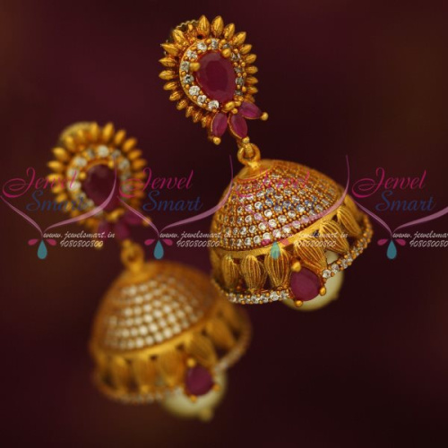 J12665RW Antique Reddish Gold AD Ruby White Jhumki Earrings Latest Collections Shop Online
