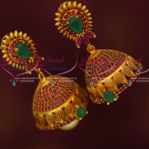 J12665RG Antique Reddish Gold AD Ruby Emerald Stones Jhumki Earrings Latest Collections Shop Online