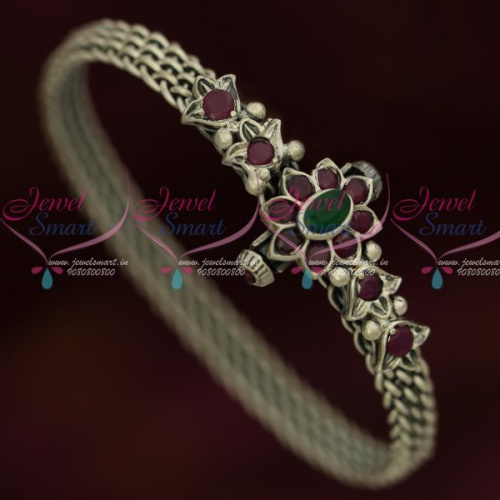 B12806 Antique Silver Plated Ruby Emerald Screw Openable Kada Latest Designs Shop Online