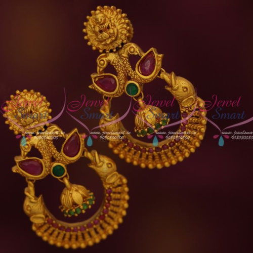 ER12807RG Ruby Emerald Beautiful Design Temple Earrings Latest Matte Gold Plated Jewellery Collections Shop Online