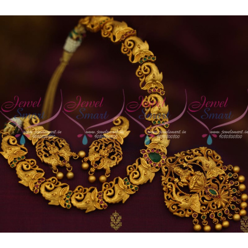 NL12294RG Reddish Elephant Chain Temple Pendant Antique Jewellery Ruby Emerald Matte Gold Latest Imitation Buy Online