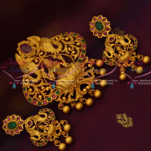 PS12636 Semi Precious AD Stones Gajalakshmi Design Antique Temple Matte Gold Jewellery Nakshi Pendant Set Shop Online