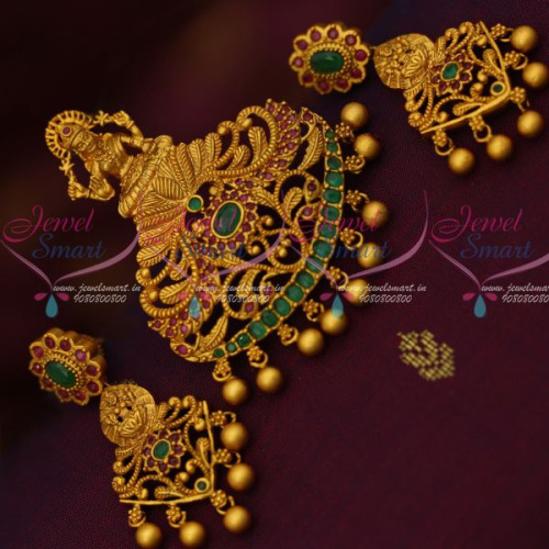 PS12637 Ruby Emerald Stones Lakshmi God Design Antique Temple Matte Gold Jewellery Nakshi Pendant Set Shop Online