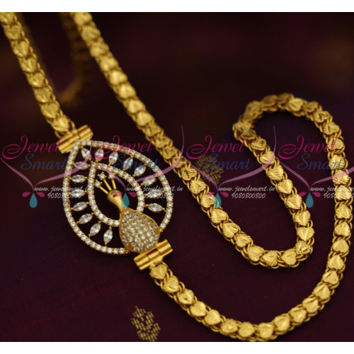 C12882W 5 MM Gold Plated Chain 24 Inches AD White Mugappu South Indian Imitation Jewellery Designs Online