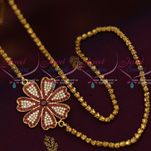 C12885R 3.5 MM Gold Plated Dhasavadar Chain 24 Inches AD Ruby Mugappu South Indian Imitation Jewellery Designs Online