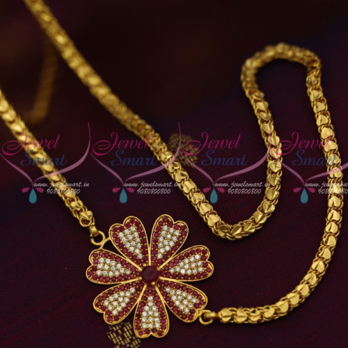 C12886R 4 MM Gold Plated Fancy Chain 24 Inches AD Ruby Mugappu South Indian Imitation Jewellery Designs Online
