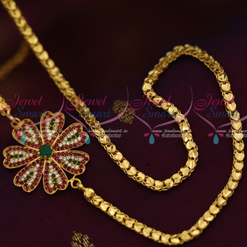 C12886RG 4 MM Gold Plated Fancy Chain 24 Inches AD Ruby Green Mugappu South Indian Imitation Jewellery Designs Online