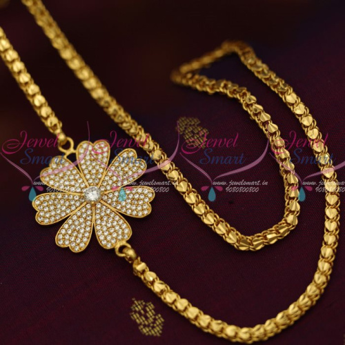 C12886W 4 MM Gold Plated Fancy Chain 24 Inches AD White Mugappu South Indian Imitation Jewellery Designs Online