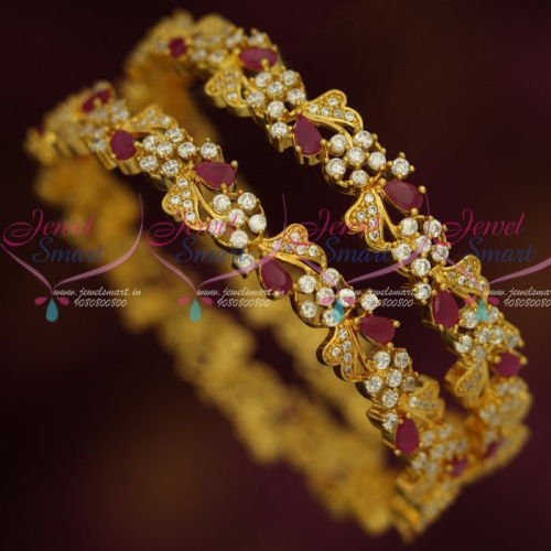B13028 Floral Traditional AD Ruby White Fancy Design Bangles Latest Fashion Jewellery