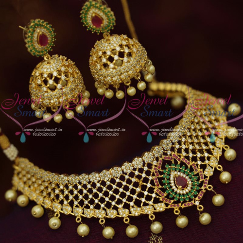 NL12960 American Diamond Jewellery Pearl Drops Choker Broad Jhumka Bridal Ornaments Online
