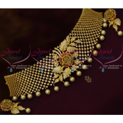 NL12962 Broad American Diamond Jewellery Sparkling Stones Floral Ruby Emerald Choker Bridal Ornaments Online
