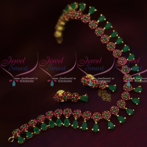 NL12922RG American Diamond Jewellery Floral Ruby Emerald Stones Traditional Short Necklace