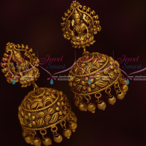 J13032 Temple Jewelry Antique Dull Gold Laxmi Jhumka Earrings Latest Traditional Designs Shop Online