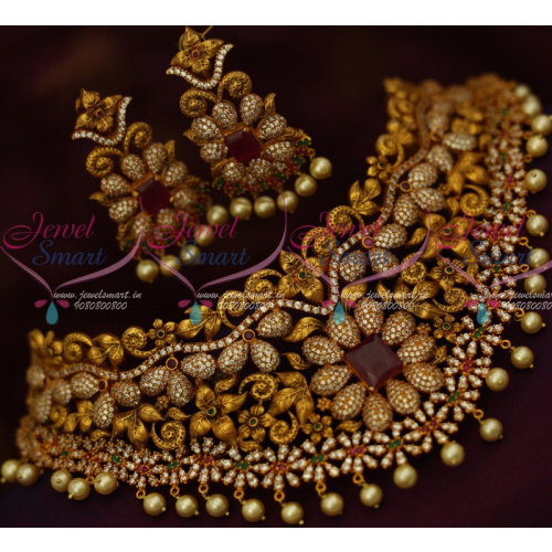 NL12826RG Latest Bridal Jewellery Antique Gold Finish Premium AD Ruby Emerald Semi Precious Stones Choker Necklace 