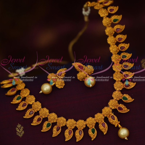 NL12955S Matte Gold Plated Floral Mango Fashion Necklace Red Green Stones Flexible Designs