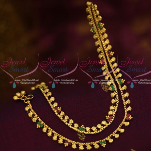 P13002 Ruby Emerald Shell Design Gold Plated Covering Anklets Jewellery Imitation Payal
