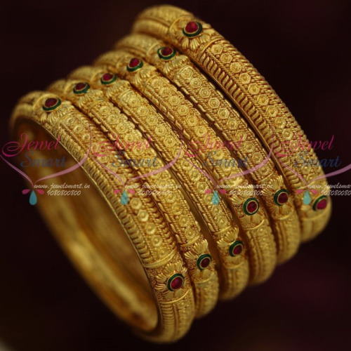 B13006 One Gram Gold Reddish Plated Jewellery 6 Pcs Floral Design Bangles Latest Designs Online