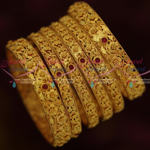 B13008 One Gram Gold Fashion Jewellery 6 Pcs Broad Floral Bangles Set Forming Ornaments Collections