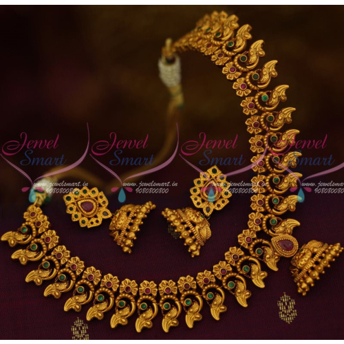 NL12983RG Matte Gold Plated Peacock Fashion Jewellery Necklace Ruby Emerald Stones Half Jhumka 