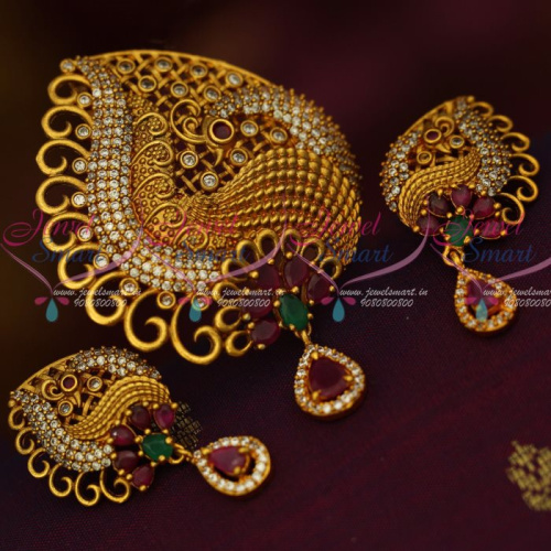 PS12848M Peaock Design Antique Jewellery AD Multi Colour Stones Pendant Sets Shop Online