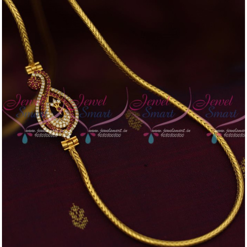 C12902R South Indian Fashion Jewellery AD Mogappu Chain Ruby Colour Stone 3 MM Roll Kodi Chain