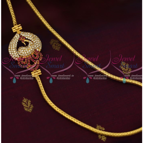 C12905R Ruby Colour Peacock Side Pendant 3 MM Thick Micron Gold Covering Chain South Indian Jewellery