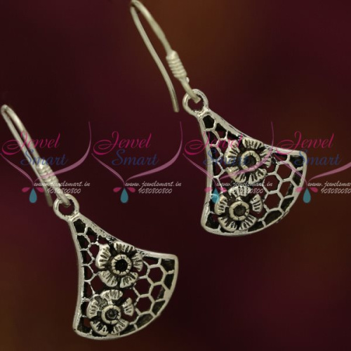 ER13204 92.5 Silver Oxidised Jewellery Floral Design Hook Hanging Earrings Shop Online Fancy 
