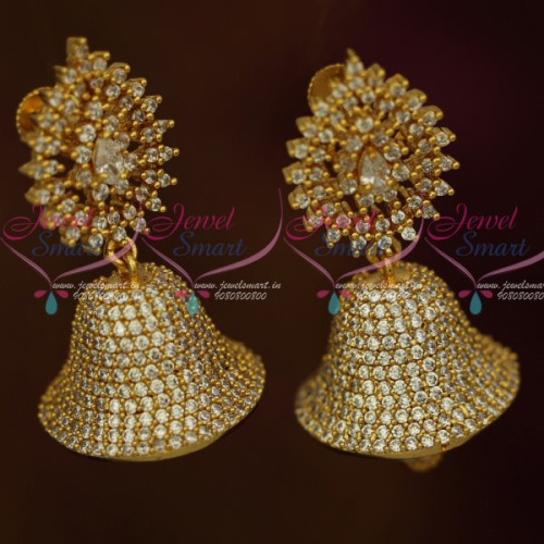 J13129W AD Fashion Jewellery White Colour South Indian Screwback Jhumka Earrings Shop Online