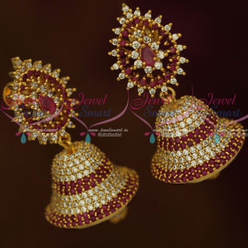 J13129R AD Fashion Jewellery Ruby White Colour South Indian Screwback Jhumka Earrings Shop Online